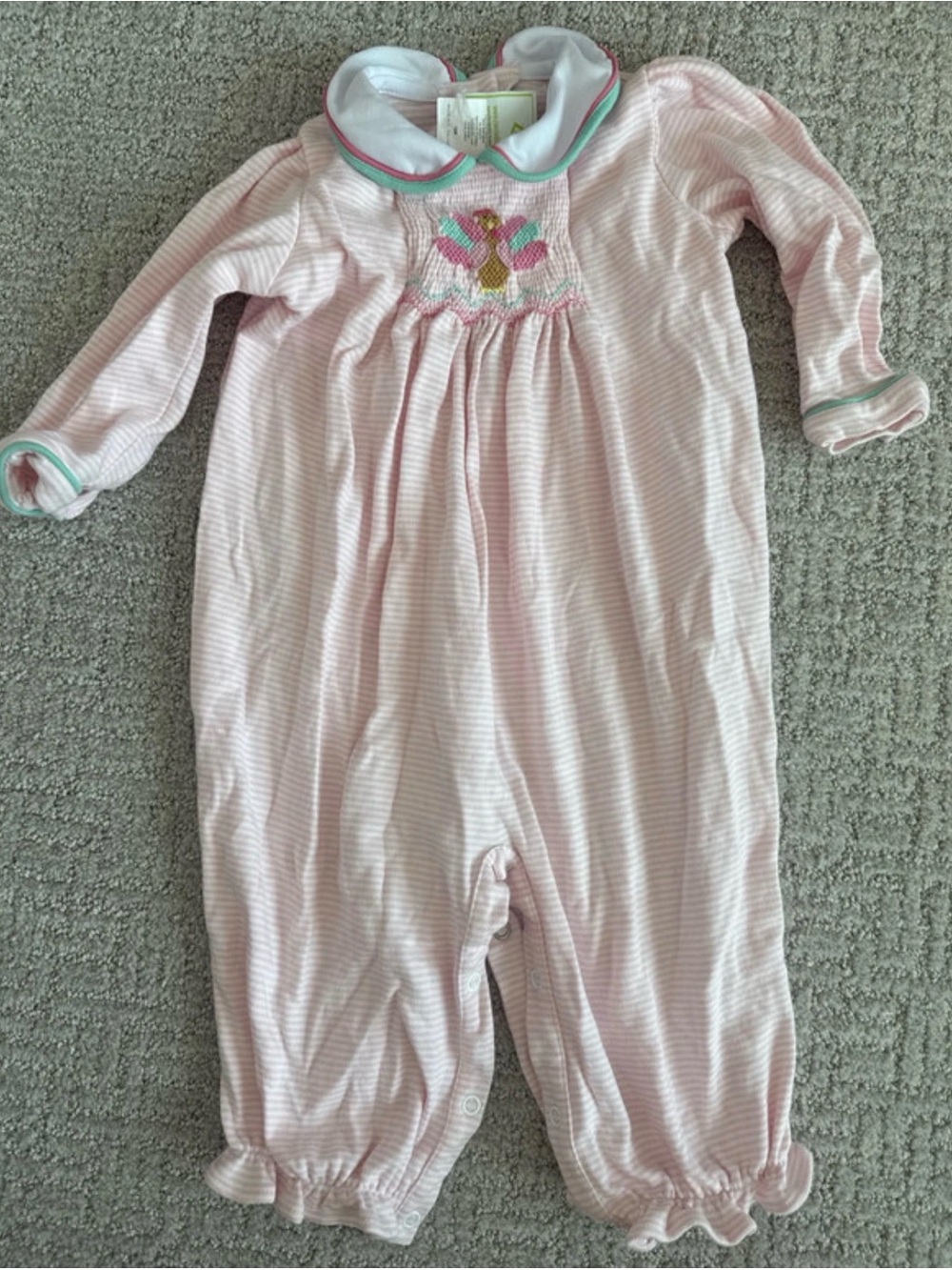 Pink Striped Long-Sleeve Baby One-Piece with Butterfly Smocking